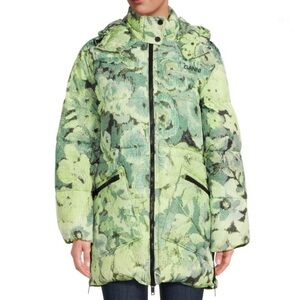 Ganni Oversized Floral Puffer Coat Green Size S/M Zipper Accents